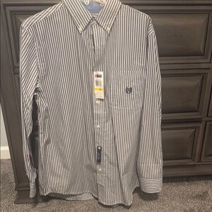Chaps Black and White Striped Casual Button Down Shirt
